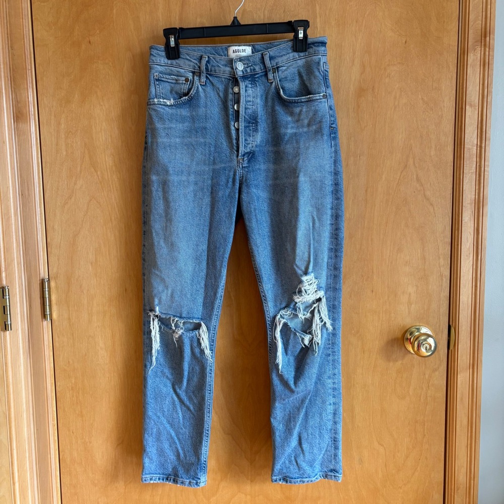 AGOLDE Riley Jeans Women 27 Blue Distressed High Rise‎ Straight Leg A056B-1255